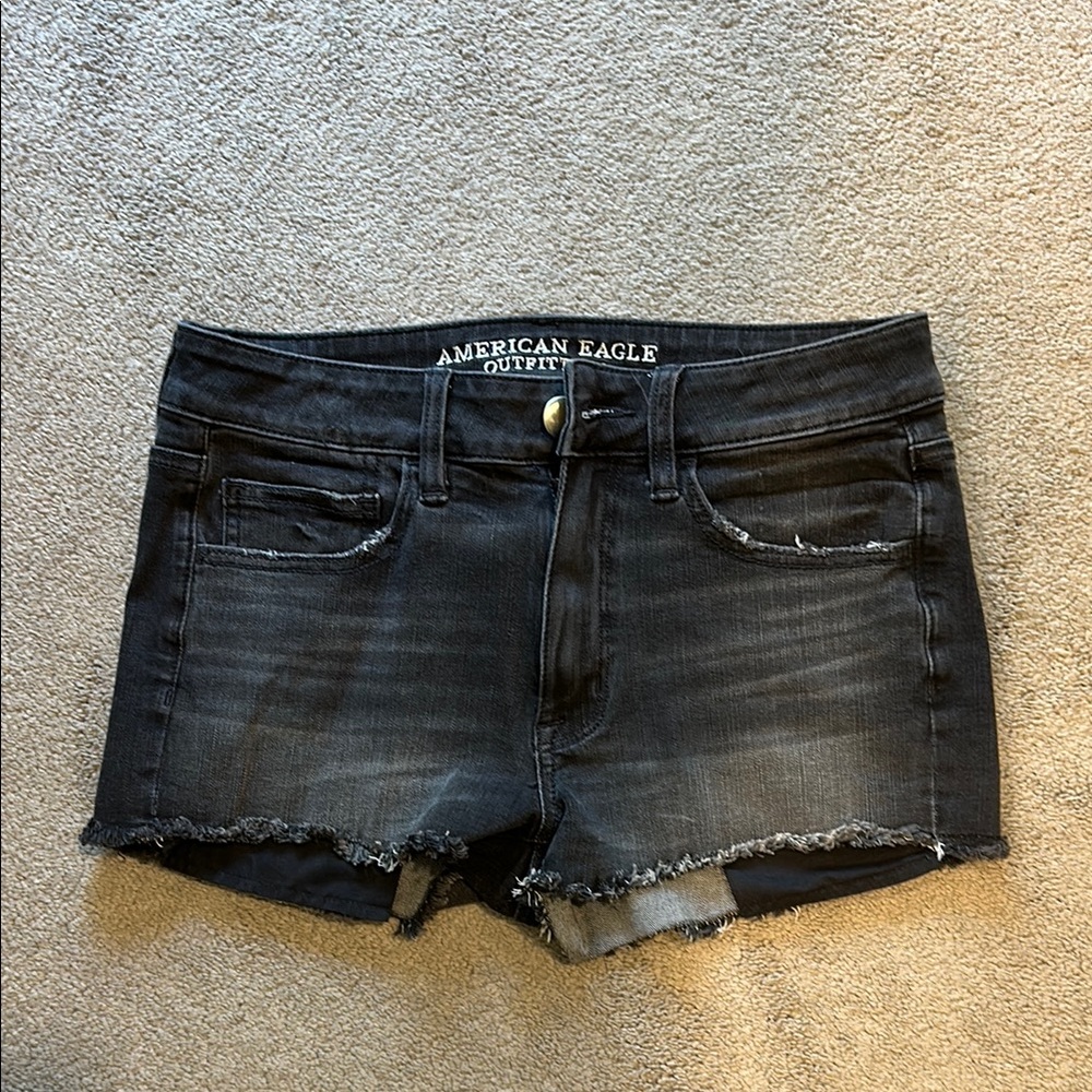 American Eagle Outfitters Black Jean Shorts Distressed Hem